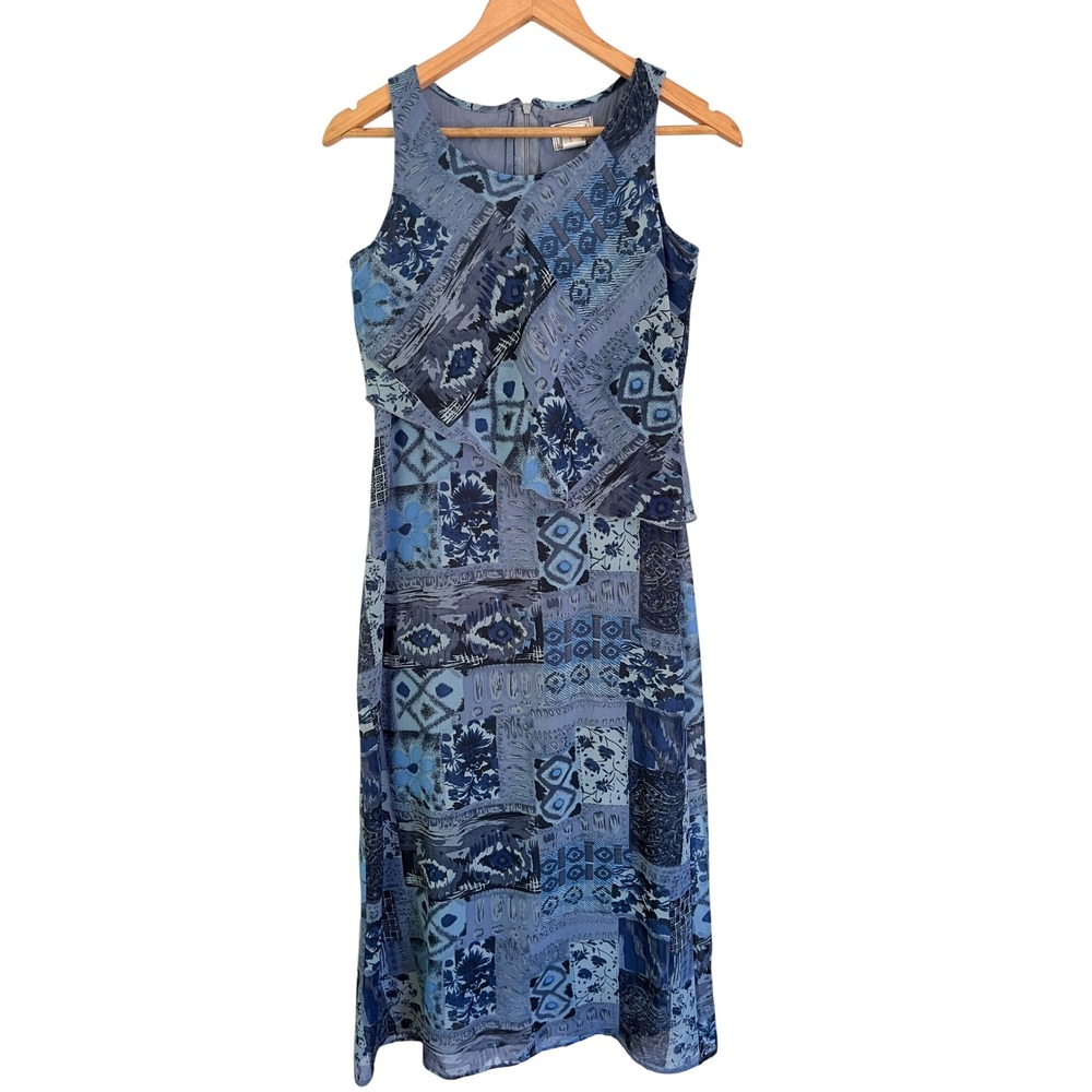 Vintage Del Sol Collections Blue Patchwork Print Layered Maxi Dress Sleeveless
